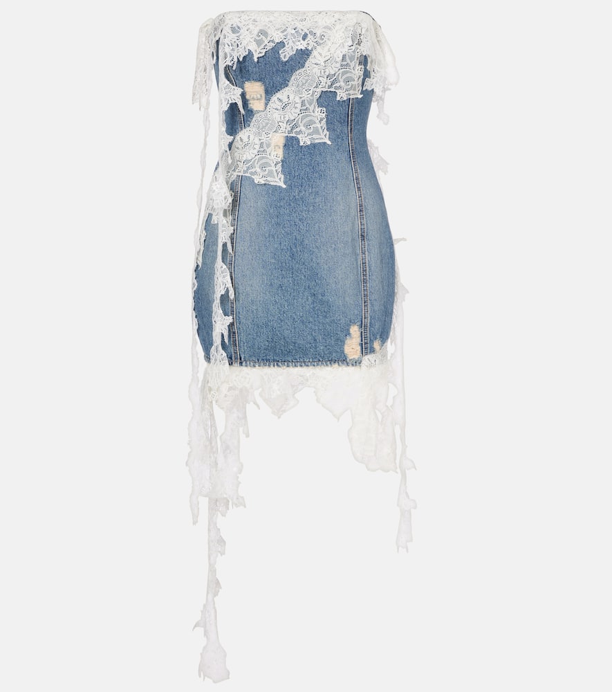 Blumarine Lace-trimmed Denim Minidress In Blue