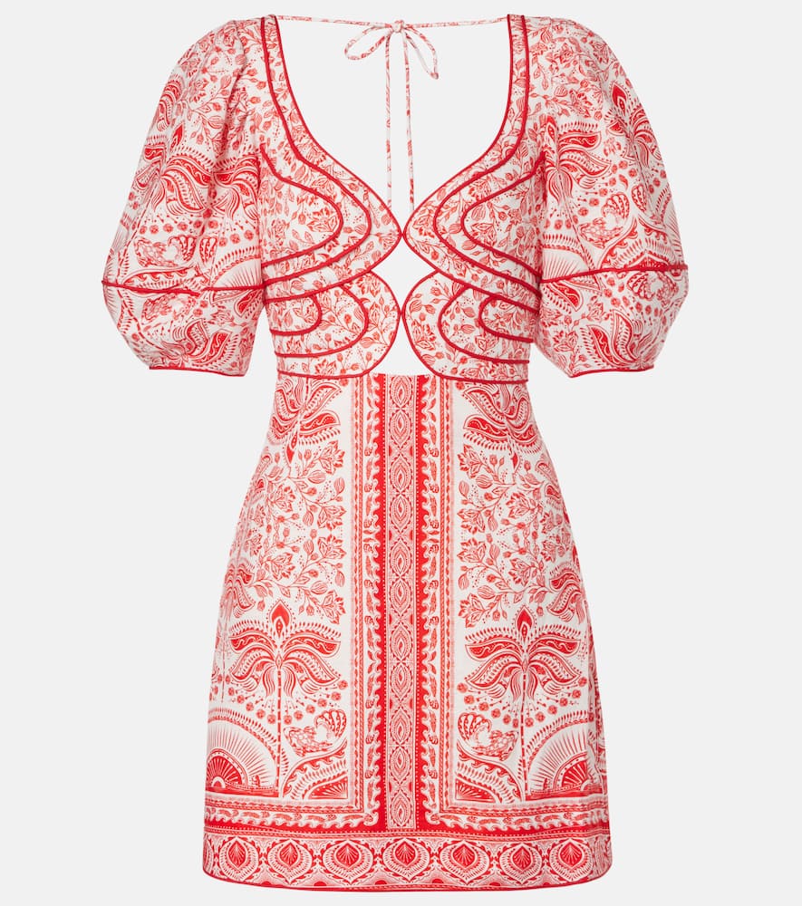Farm Rio Printed Cutout Linen-blend Minidress In Red