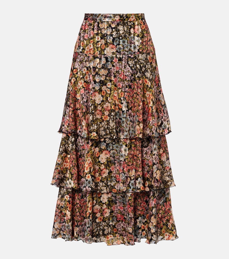 Valentino Floral plissé tiered silk midi skirt