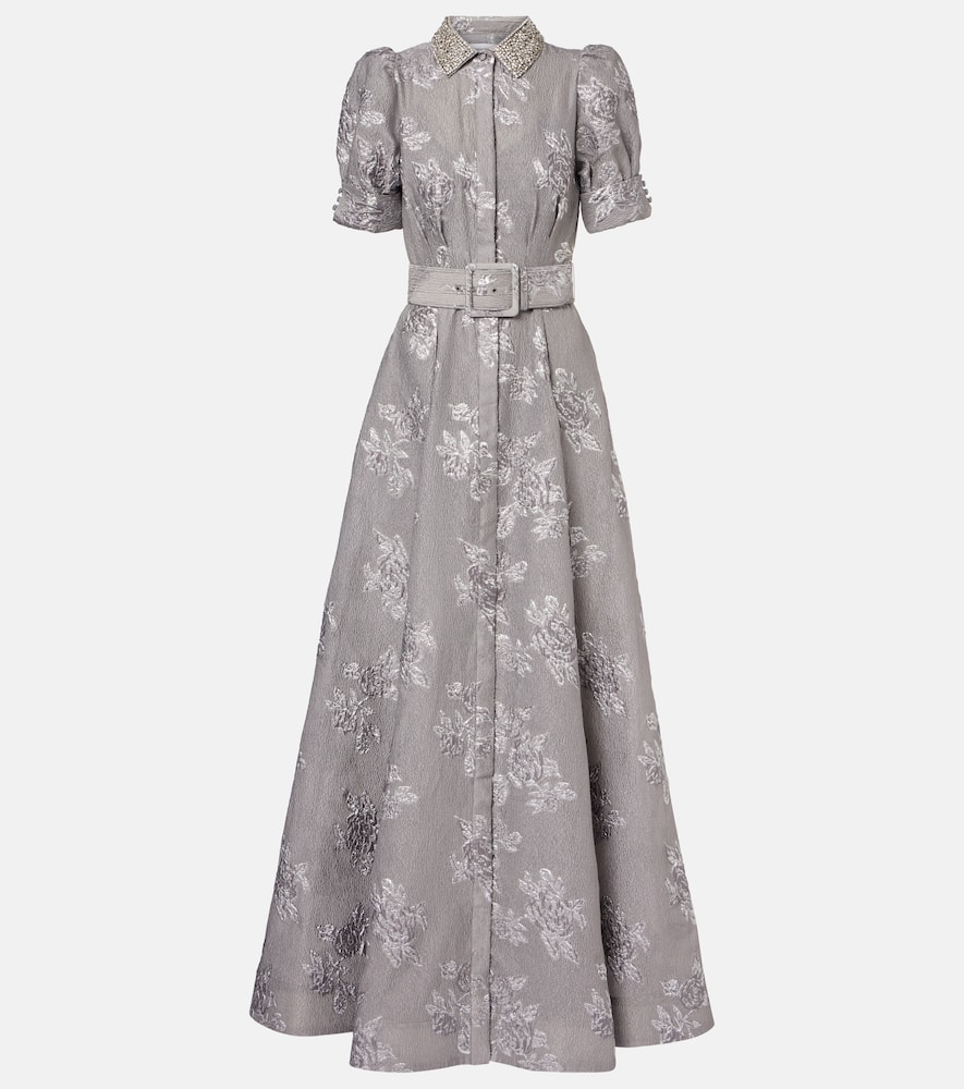 Rebecca Vallance Ruth Embellished Belted Brocade Gown In Silver