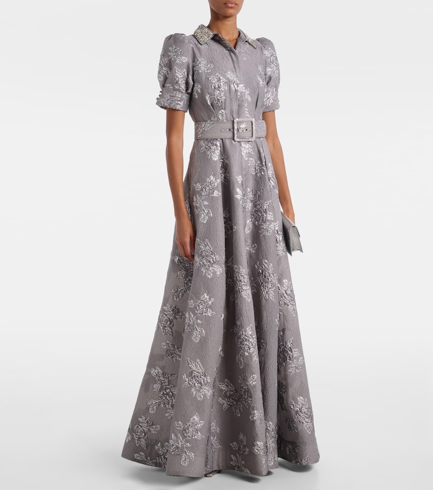 Rebecca Vallance Ruth Embellished Belted Brocade Gown In Silver