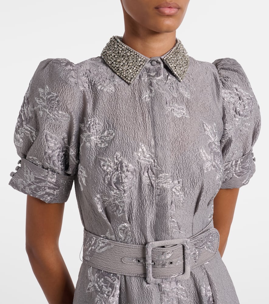 Rebecca Vallance Ruth Embellished Belted Brocade Gown In Silver