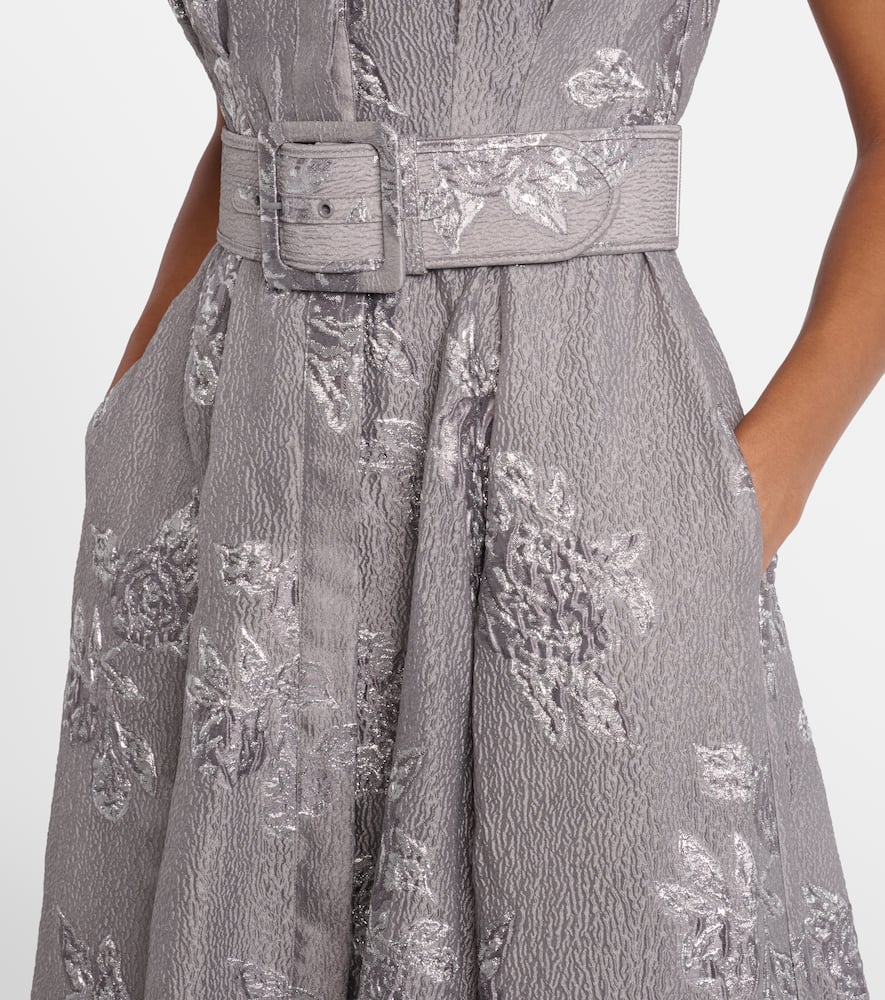Rebecca Vallance Ruth Embellished Belted Brocade Gown In Silver