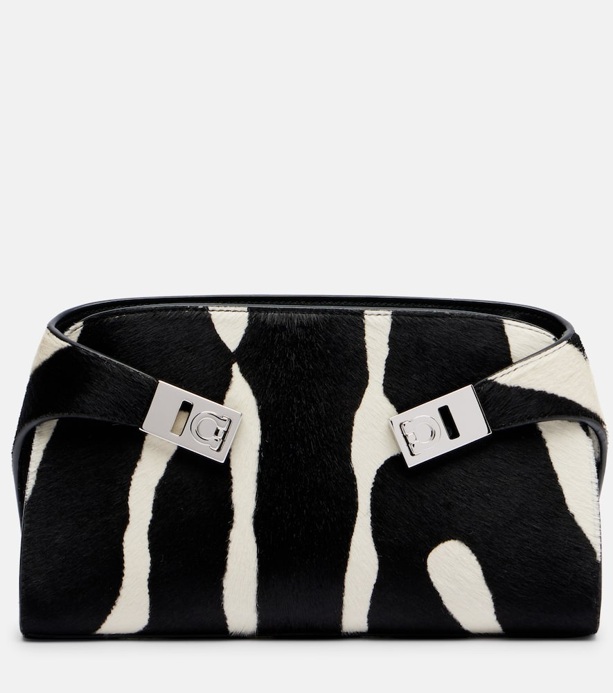 Ferragamo Hug Printed Calf Hair Clutch In Black