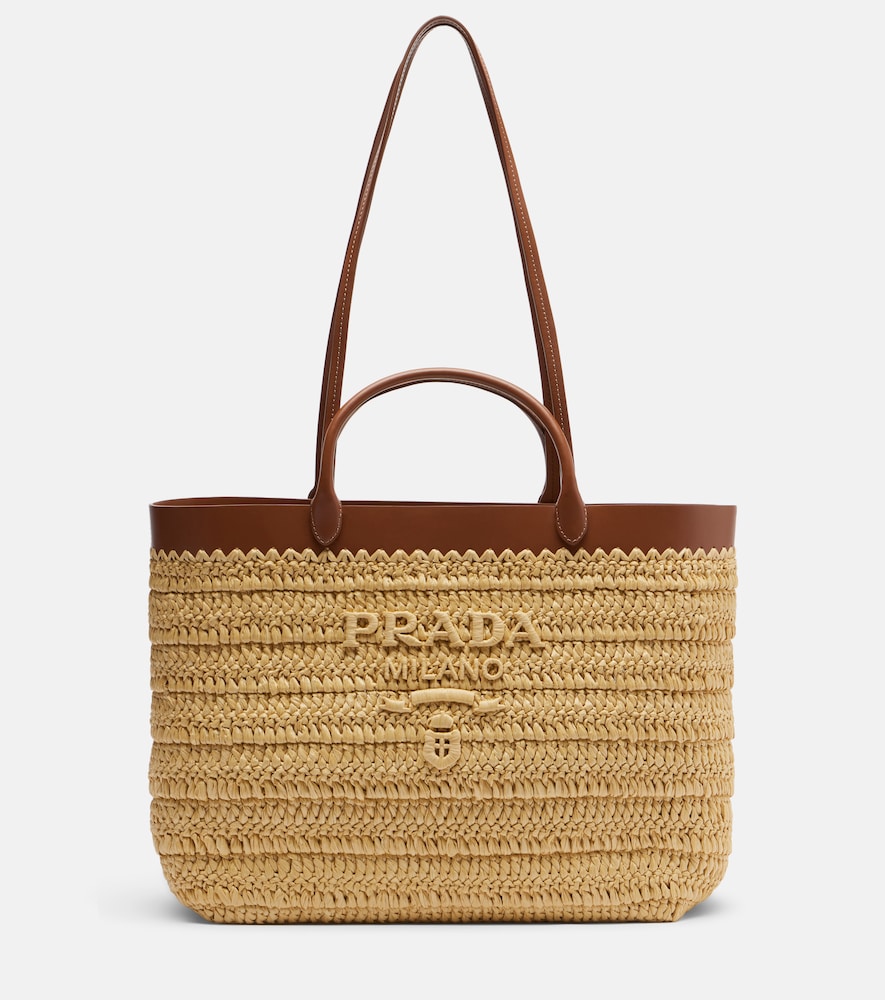 Medium leather-trimmed raffia tote bag