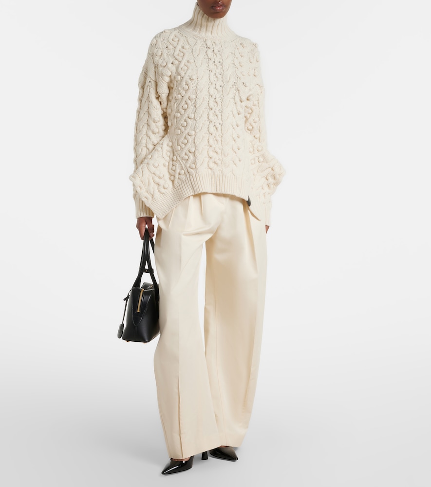 Cable-Knit Draped Wool Turtleneck Sweater