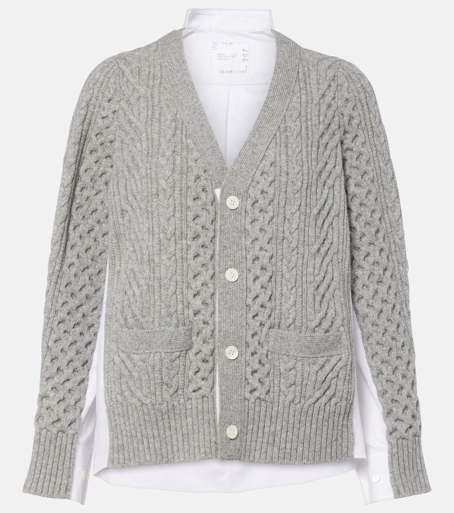 Sacai Cable-knit Wool And Poplin Cardigan In Gray
