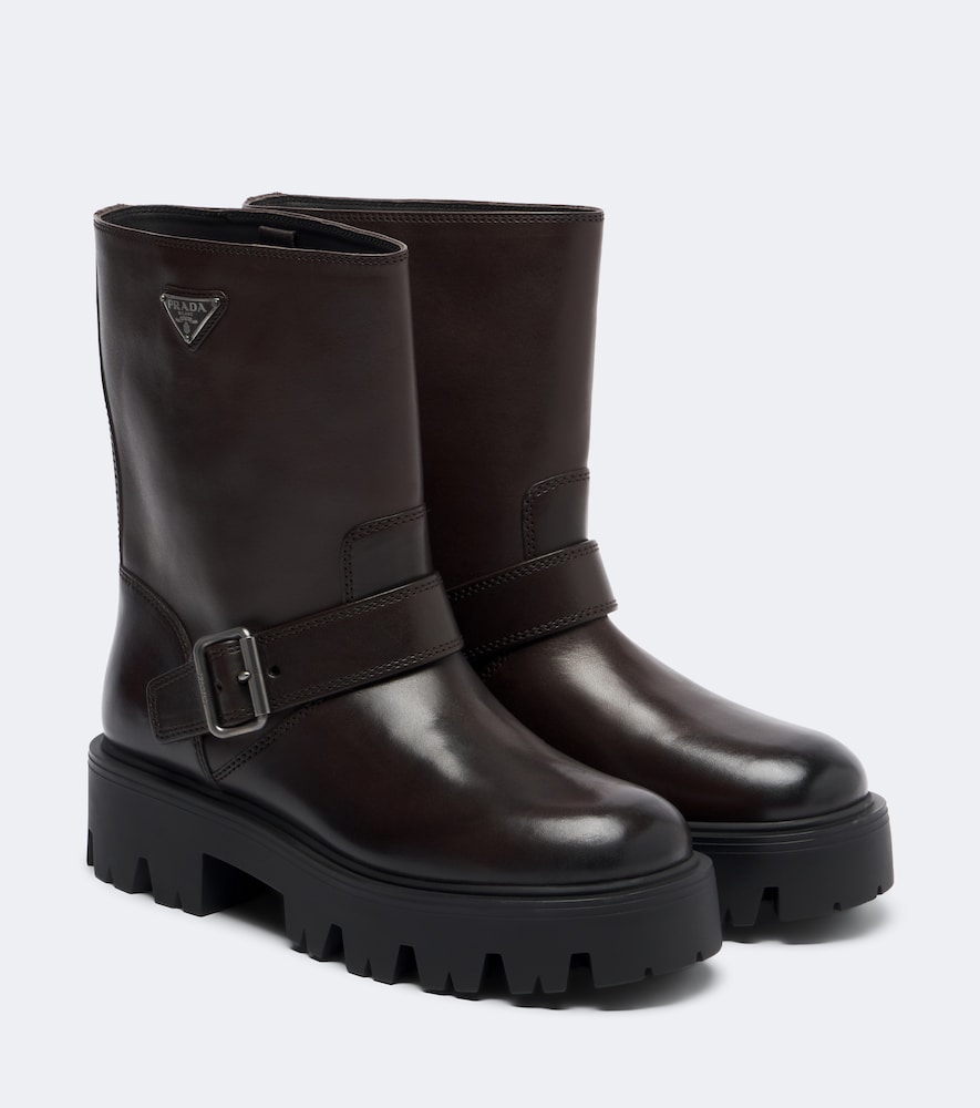 Prada Stride Leather Biker Boots In Brown