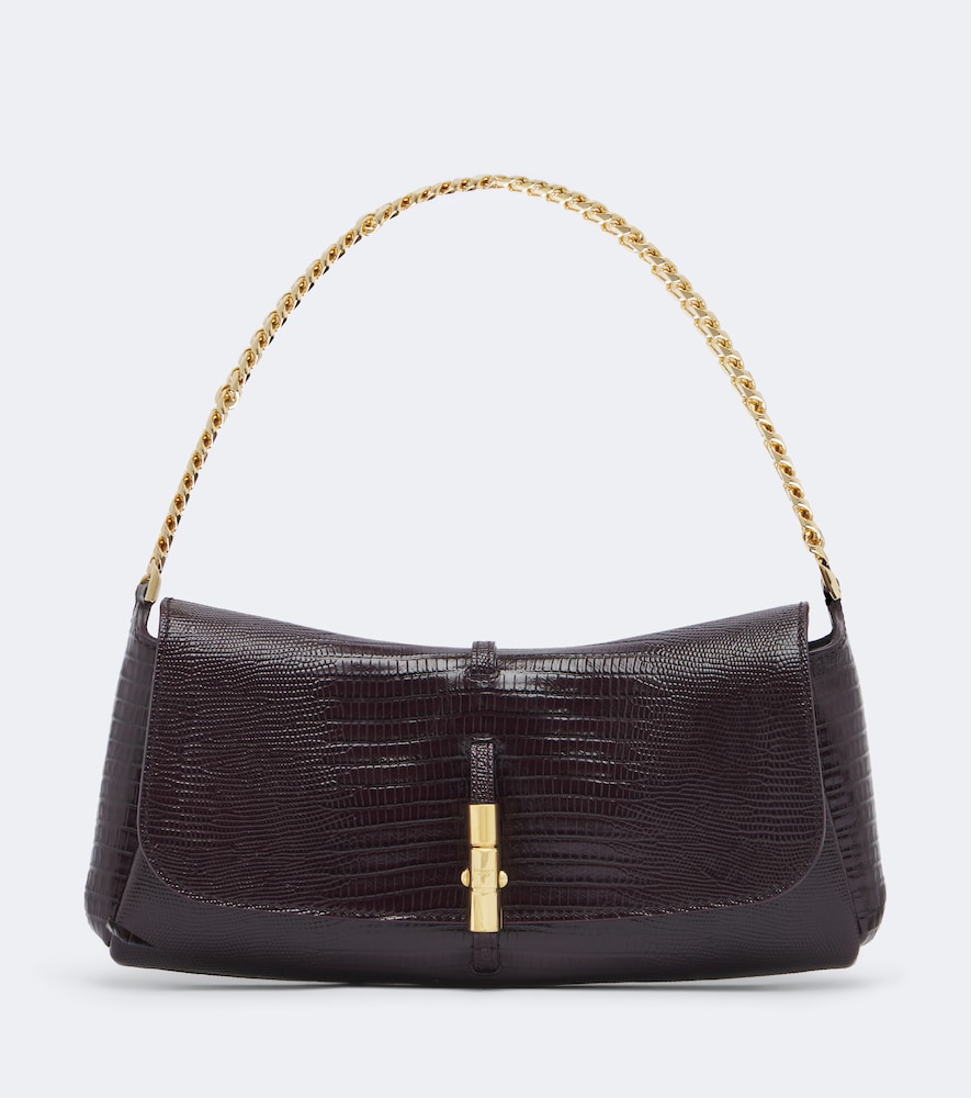 Balmain Metropolis Croc-effect Leather Shoulder Bag In Burgundy