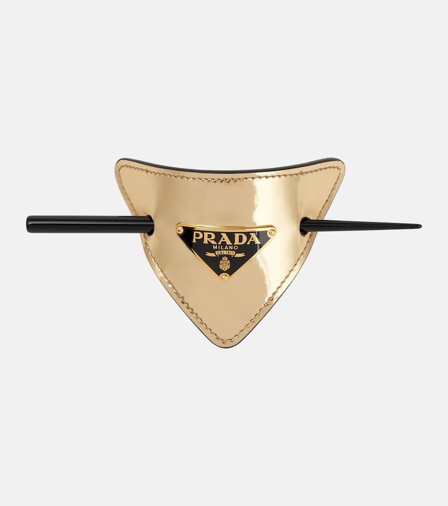 Prada Triangle-logo Leather Hair Clasp In Platino