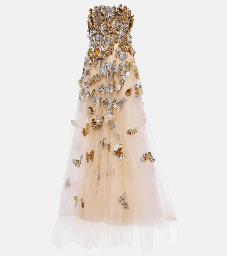Oscar De La Renta Appliqu Sequined Tulle Gown In Gold | ModeSens