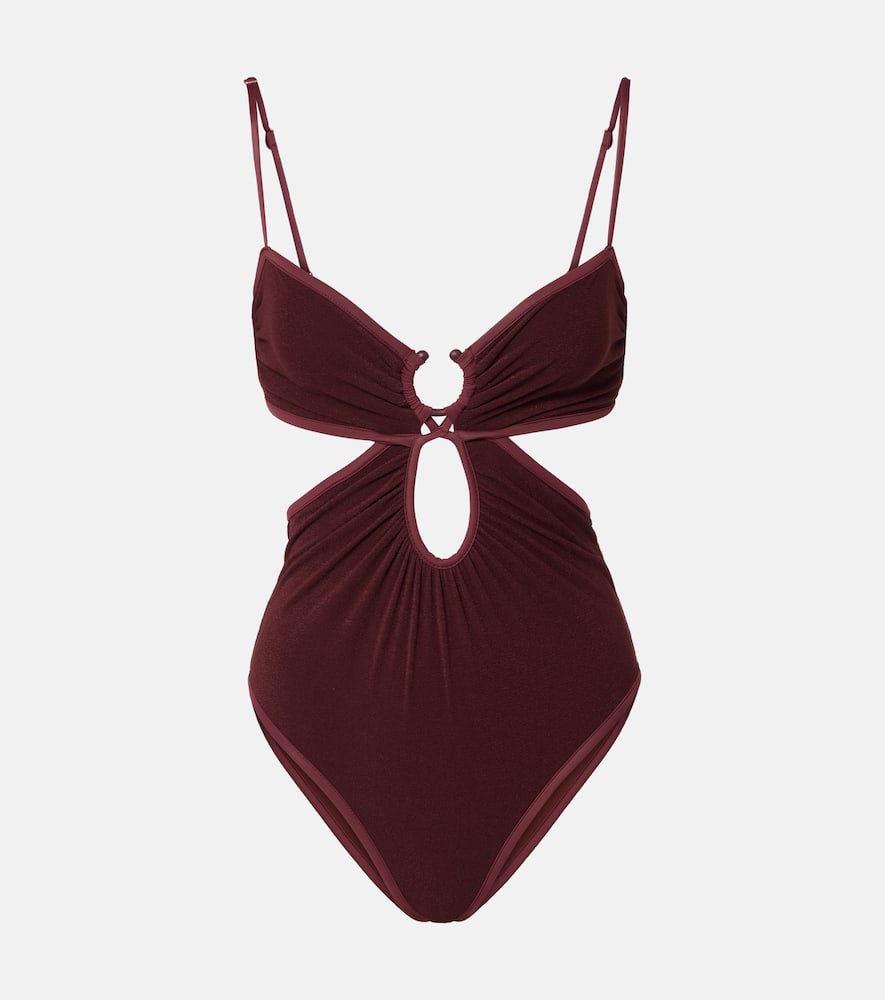 Johanna Ortiz Sunny Days Cutout Gathered Swimsuit In Burgundy