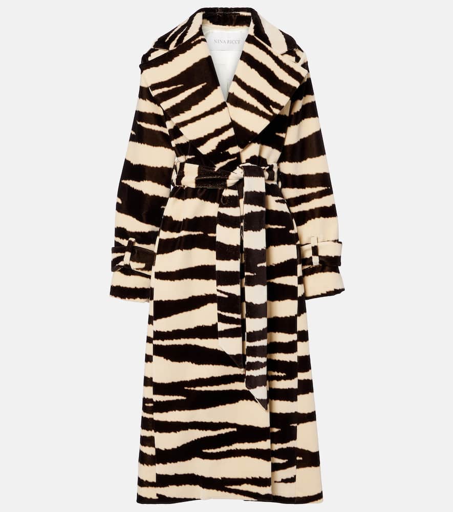 Nina Ricci Zebra-print Cotton Velvet Wrap Coat In Black