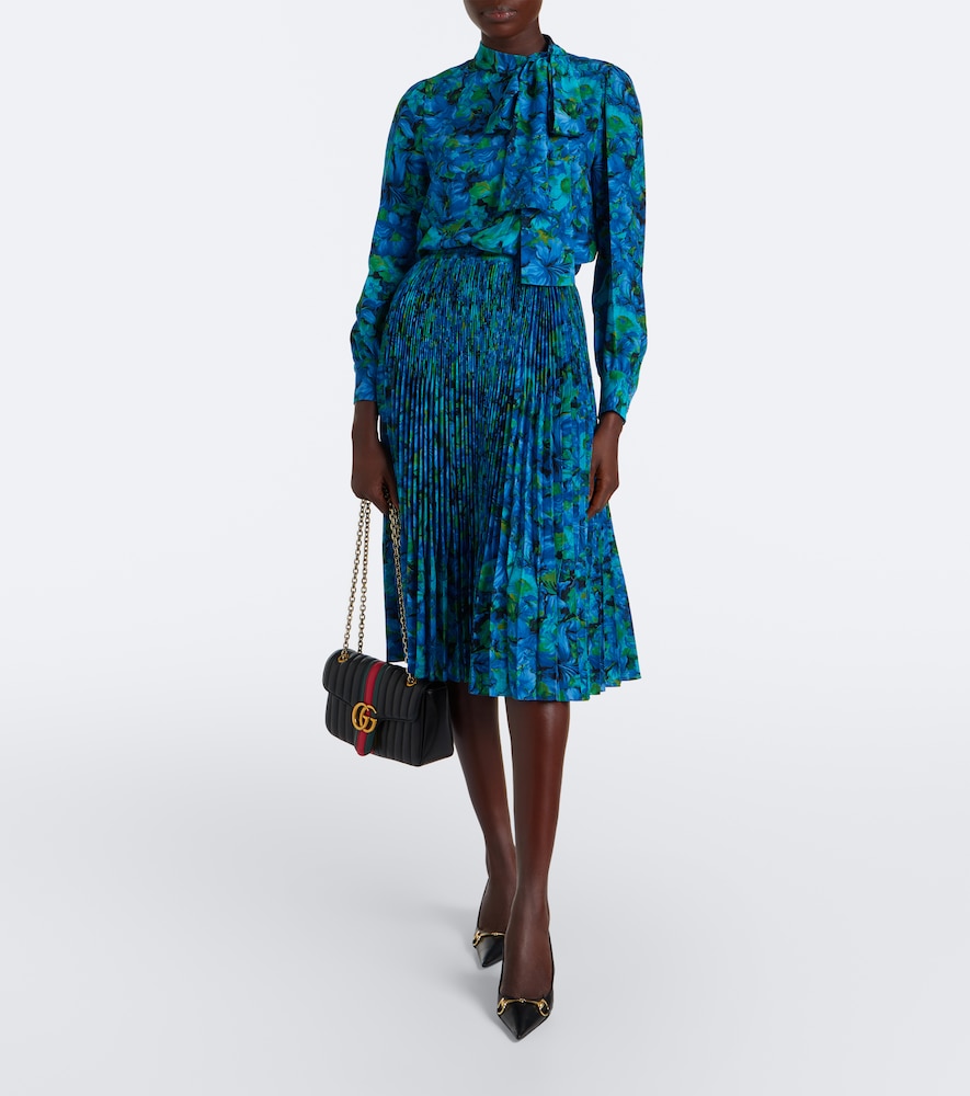 Floral Pleated Silk Crêpe De Chine Midi