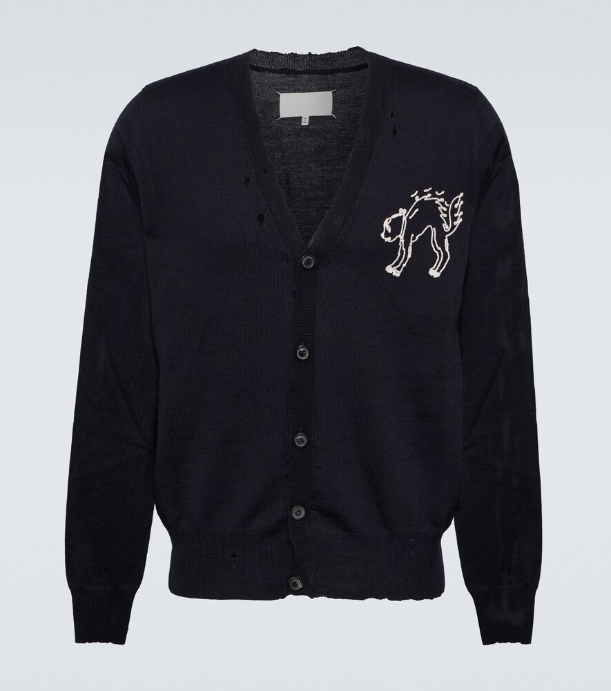 Maison Margiela Embroidered Wool Cardigan Blue Medium Men's
