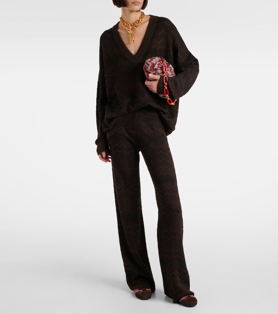Missoni Chevron Pattern Flared Trousers With Elastic Waistband In Brown