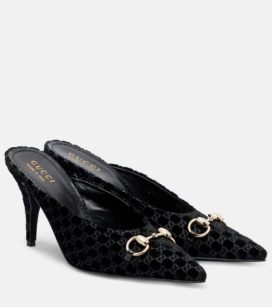 Gucci Horsebit Gg Velvet Mules In Black