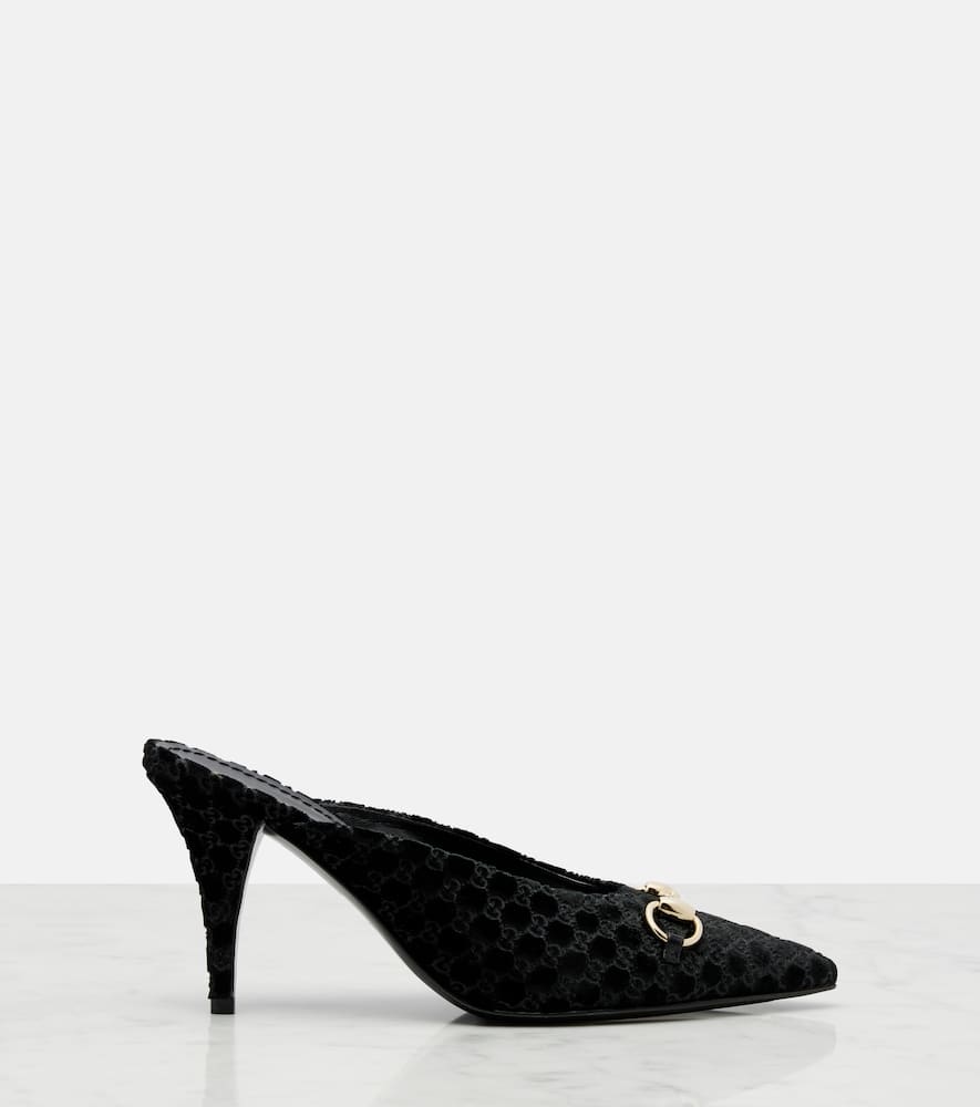 Gucci Horsebit Gg Velvet Mules In Black