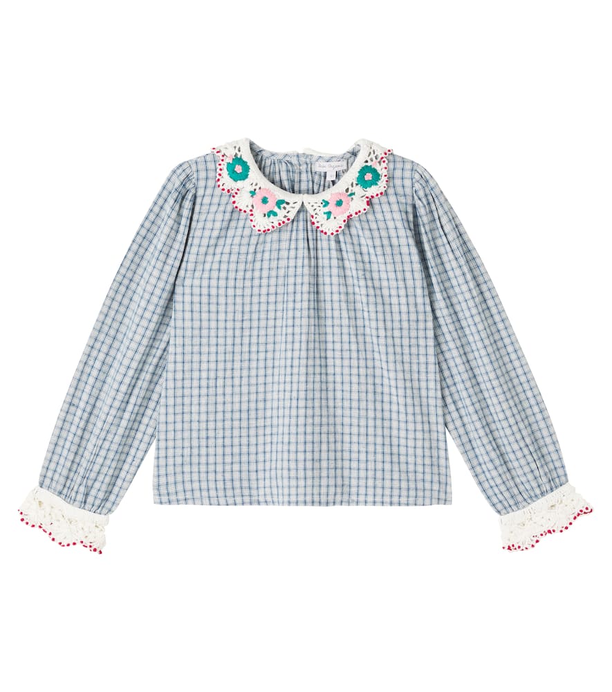 Bebe Organic Rhea Checked Cotton And Linen Blouse In Blue