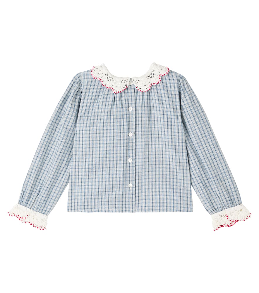Bebe Organic Rhea Checked Cotton And Linen Blouse In Blue
