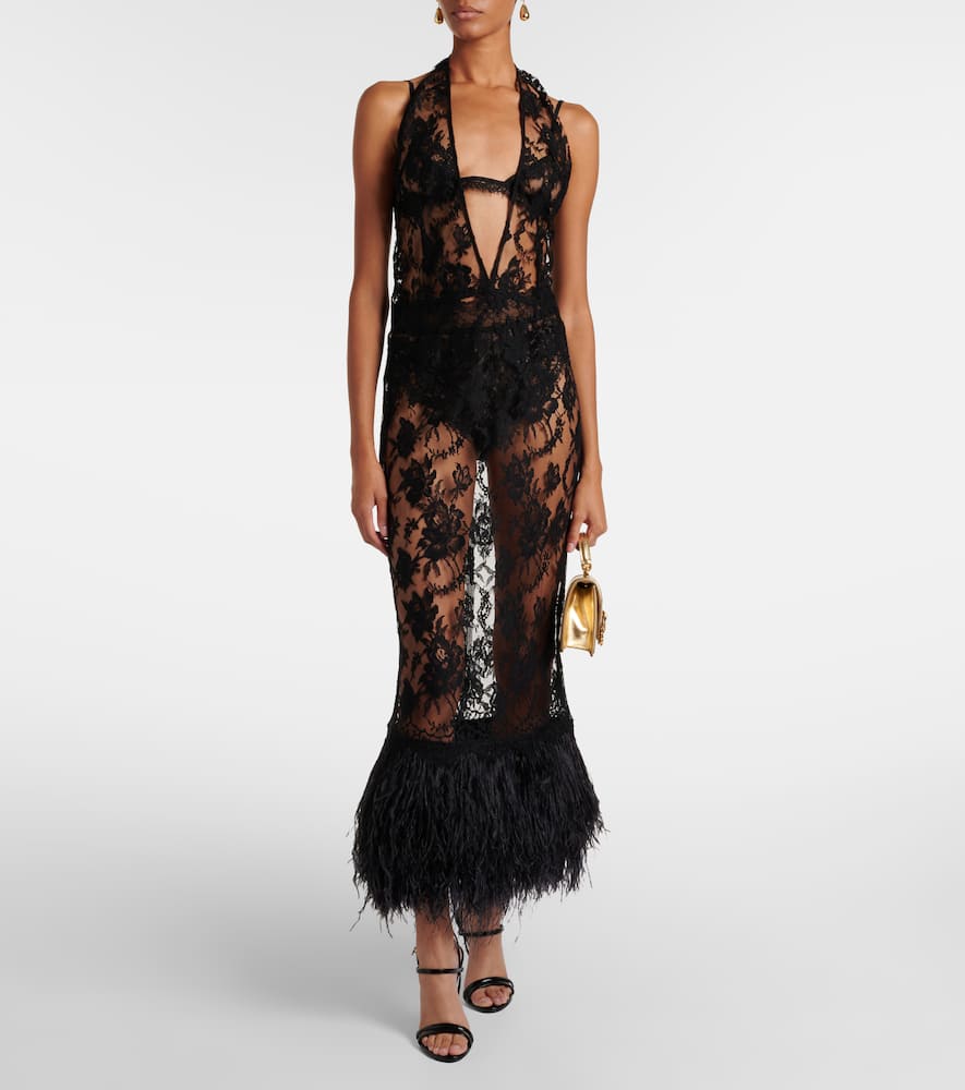 Dolce & Gabbana Feather-trimmed Floral Lace Midi Dress In Black