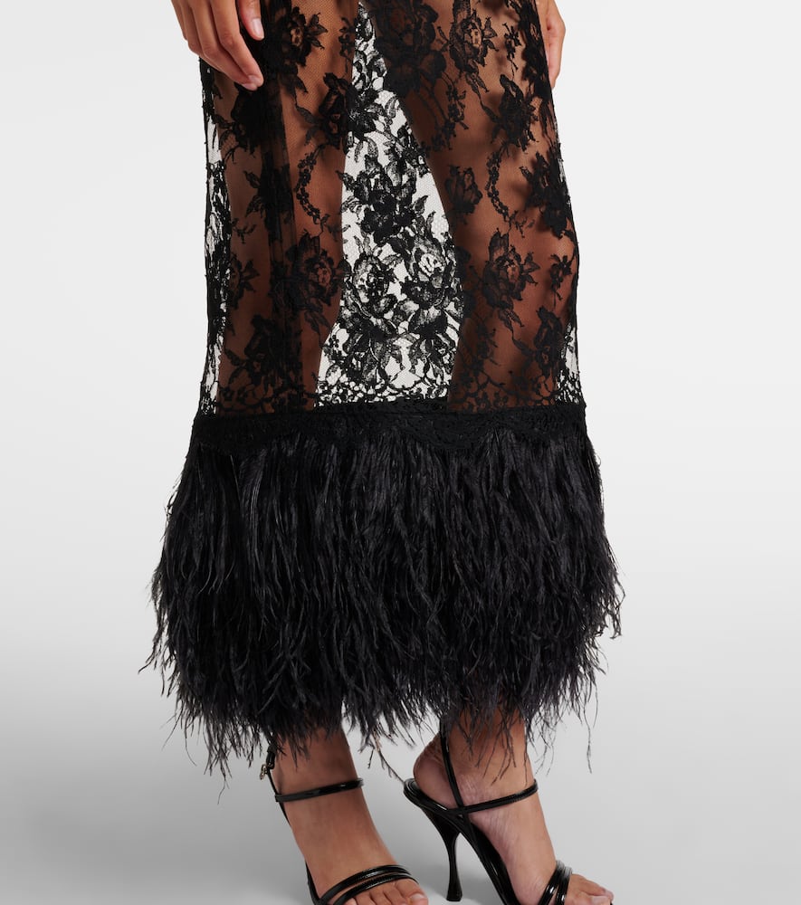 Dolce & Gabbana Feather-trimmed Floral Lace Midi Dress In Black