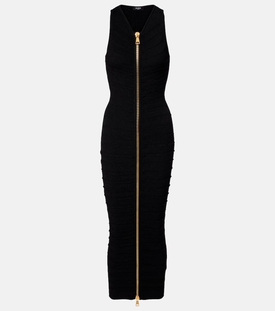 Balmain Knitted Cutout Midi Dress In Black