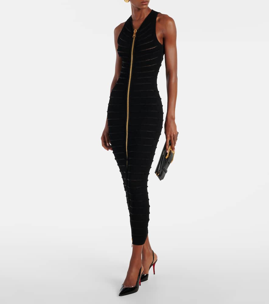 Balmain Knitted Cutout Midi Dress In Animal Print