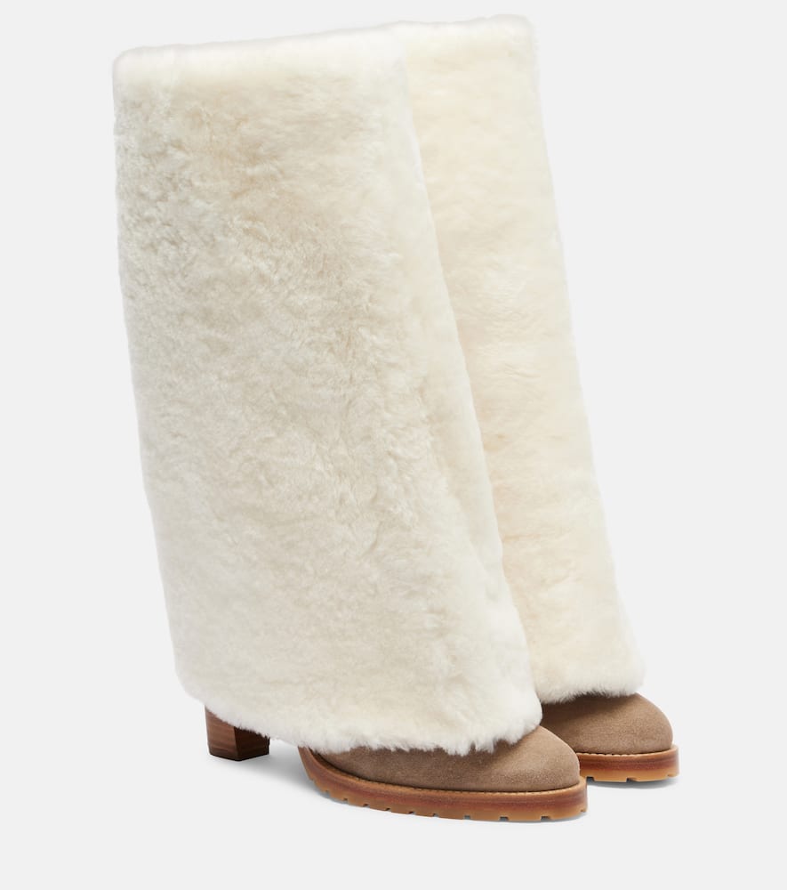 Yves Salomon Shearling And Suede Knee-high Boots In Neutral