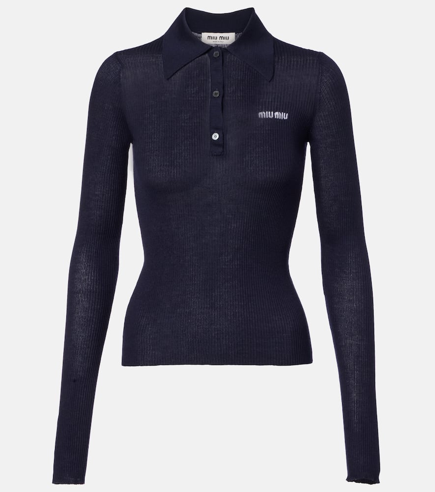 Miu Miu Logo Ribbed-knit Cashmere And Silk Polo Shirt In Blue