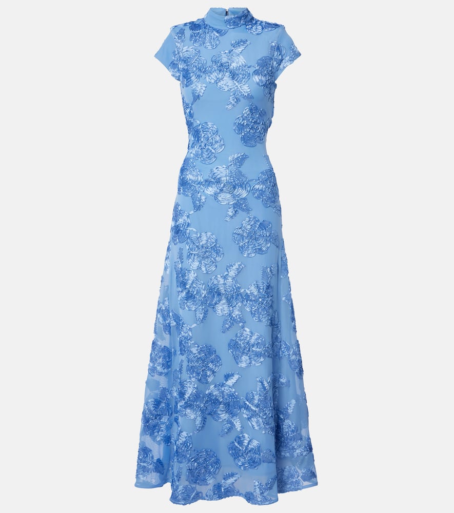 Rotate Birger Christensen Floral-embroidered Midi Dress In Blue