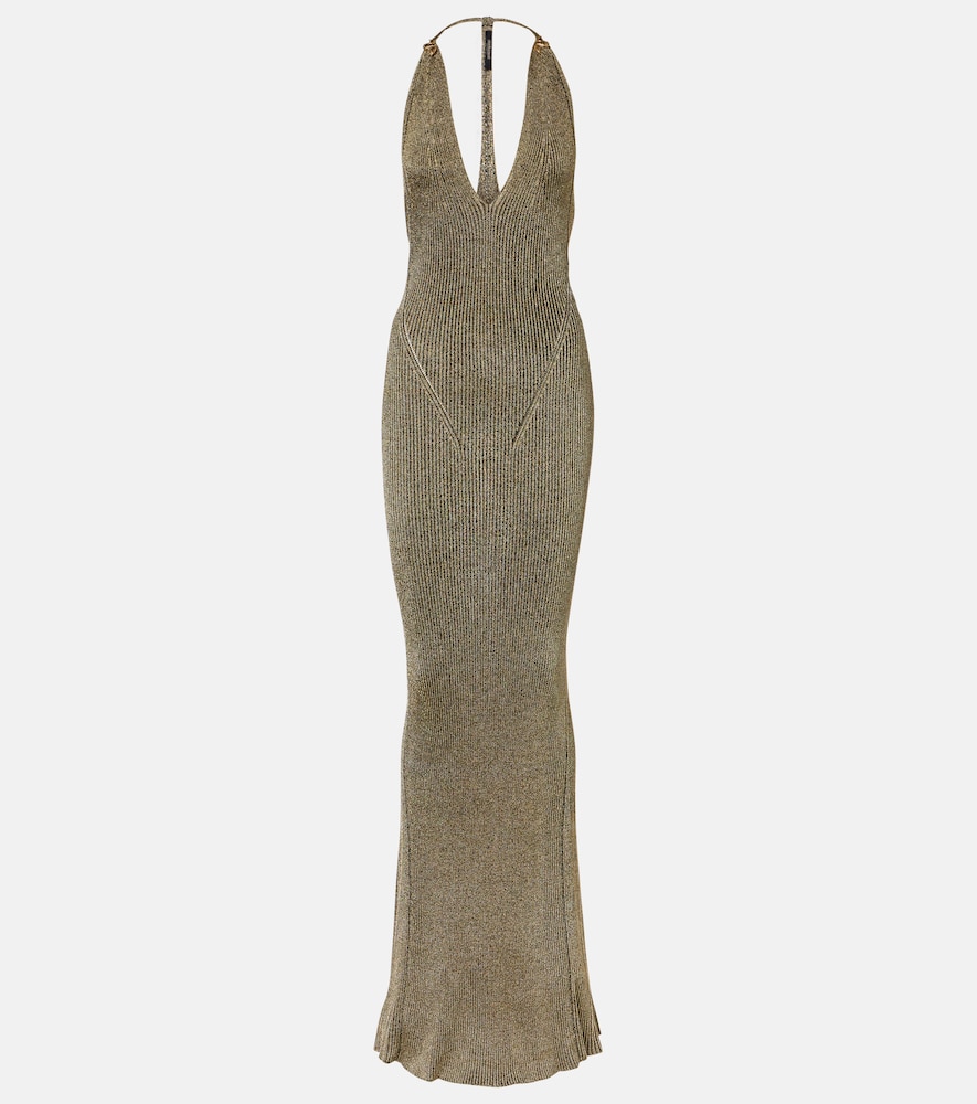 Roberto Cavalli Ribbed-knit lamé maxi dress