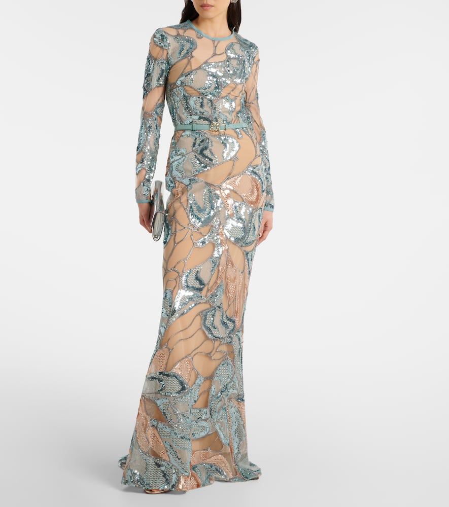 Elie Saab Embroidered Silk-blend Gown In Blue