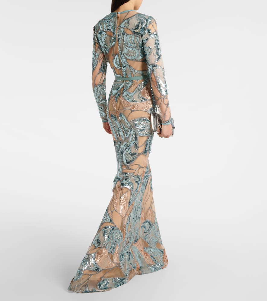 Elie Saab Embroidered Silk-blend Gown In Blue