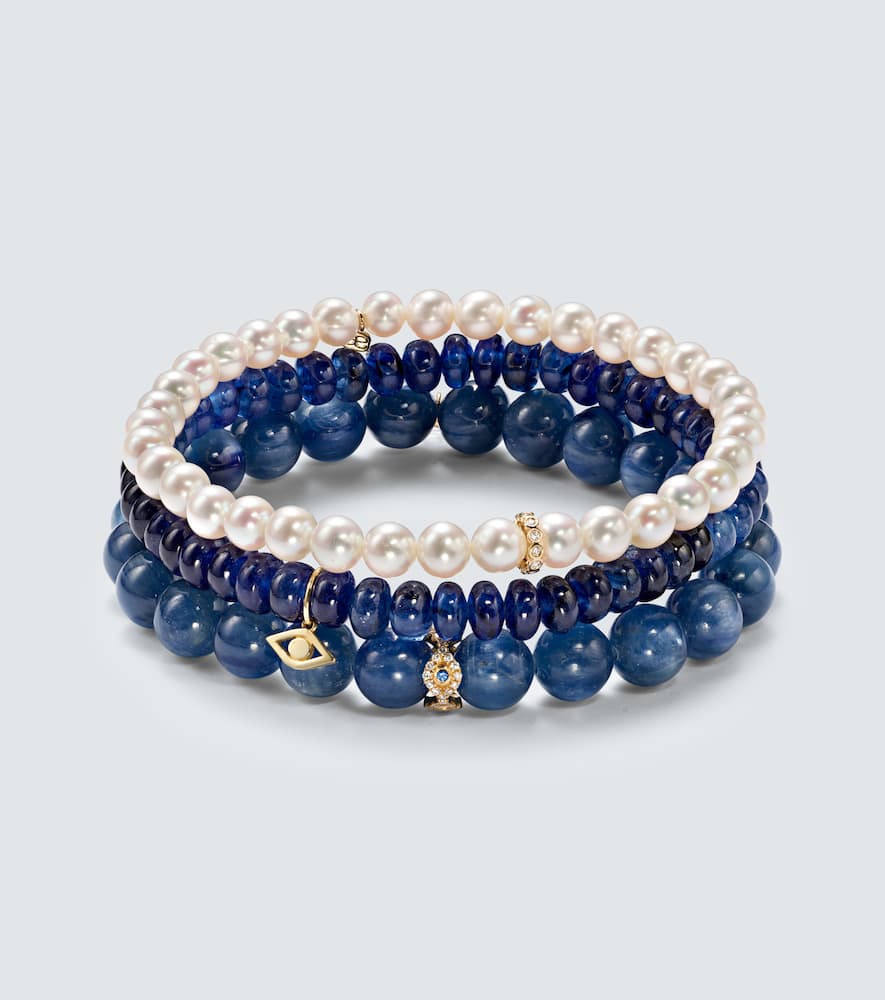 14kt gold bracelet bundle with pearl, kyanite, diamonds and sapphires