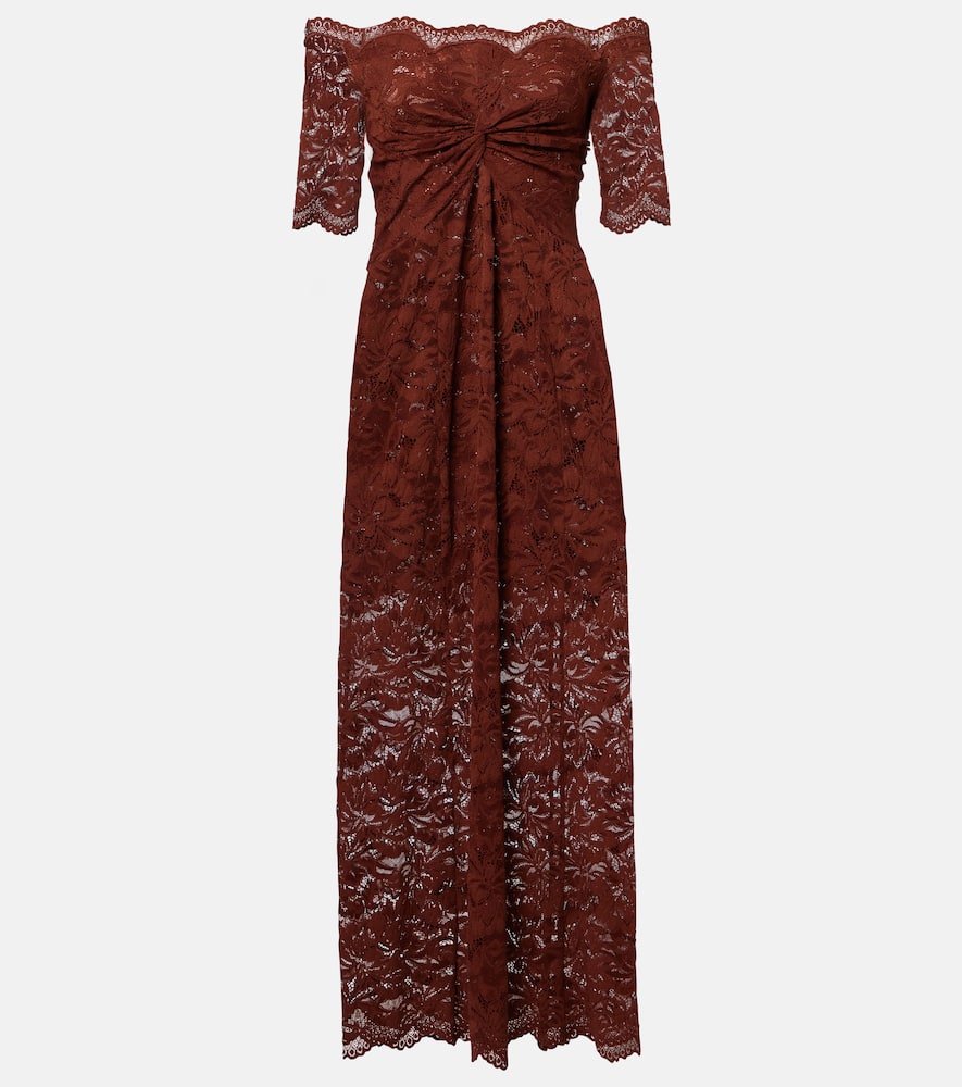 Rabanne Off-shoulder Lace Maxi Dress In Brown