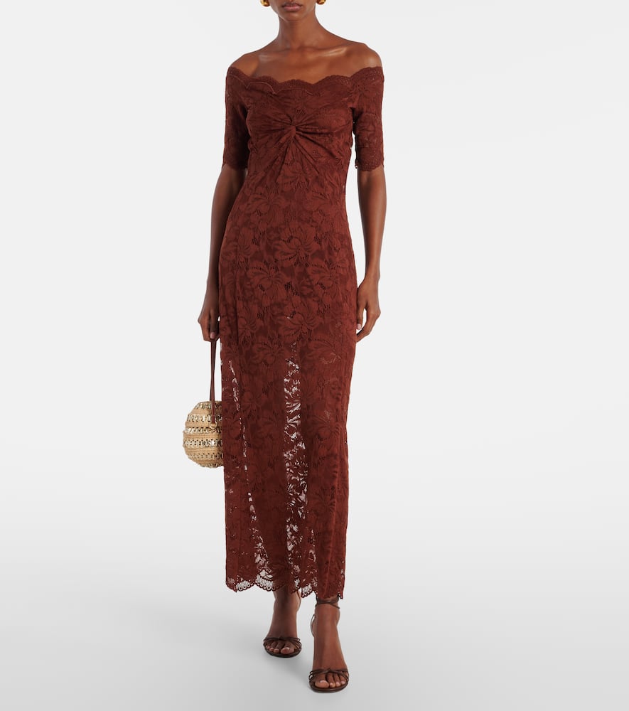 Rabanne Off-shoulder Lace Maxi Dress In Brown