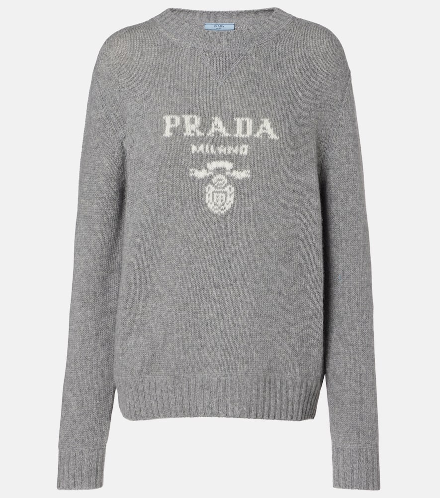 Prada Logo Intarsia Wool And Cashmere Sweater In Gray