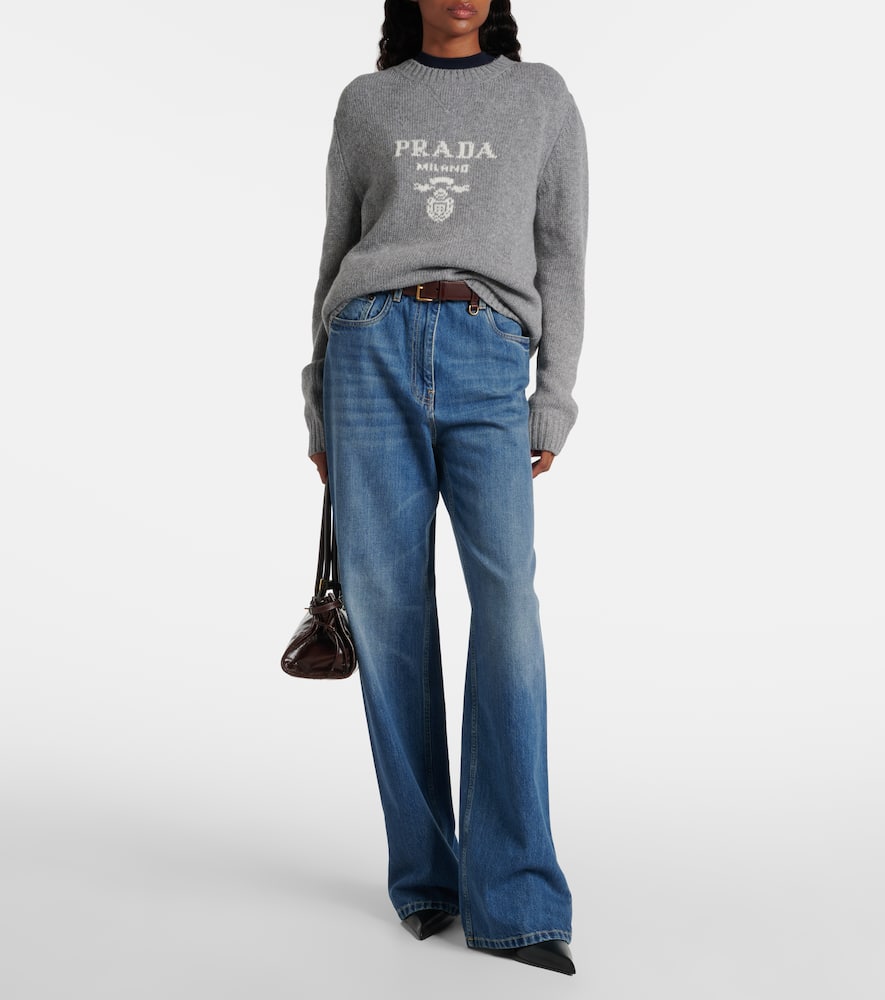 Prada Logo Intarsia Wool And Cashmere Sweater In Gray