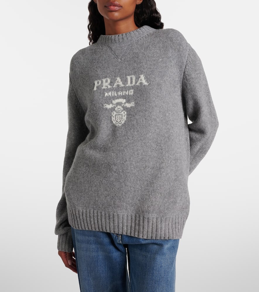 Prada Logo Intarsia Wool And Cashmere Sweater In Gray