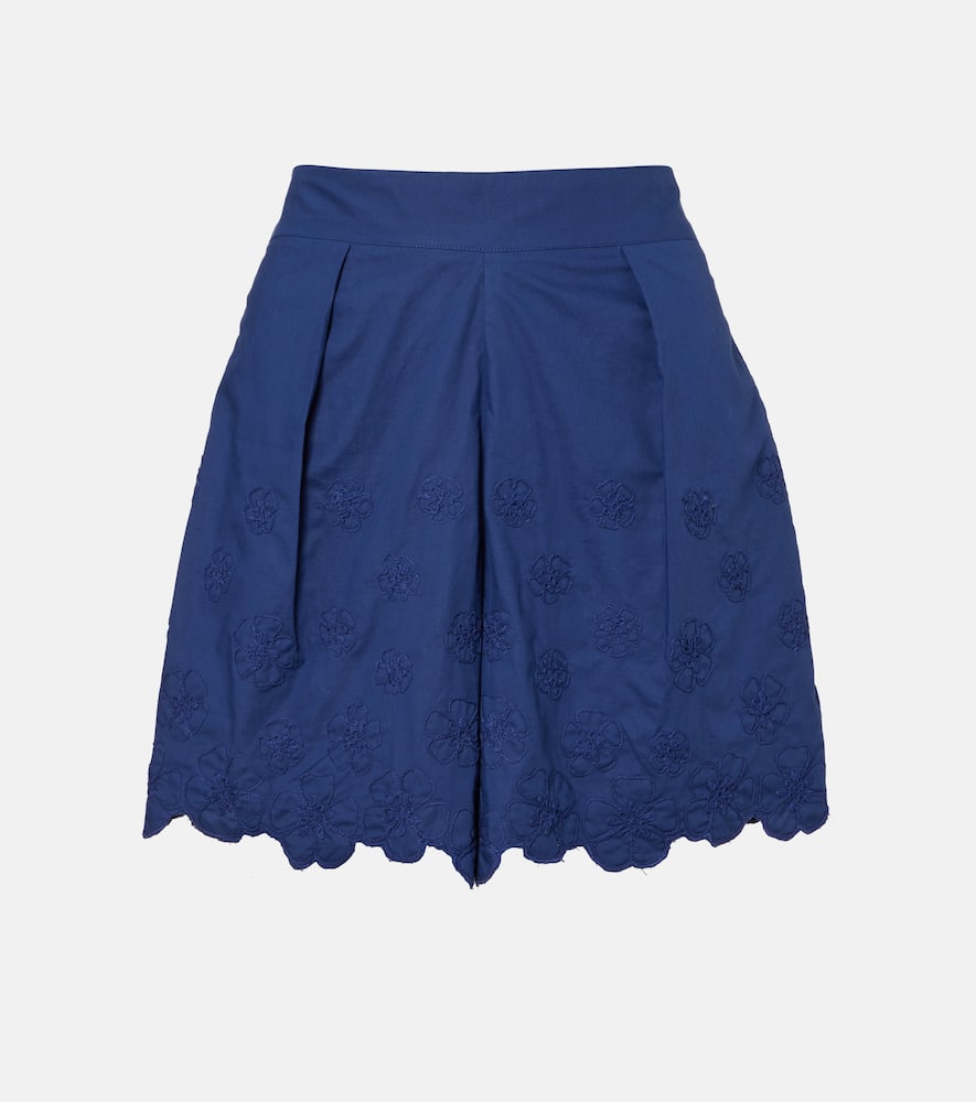 Juliet Dunn Embroidered Floral Cotton Poplin Shorts In Blue