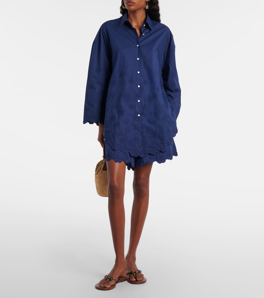 Juliet Dunn Embroidered Floral Cotton Poplin Shorts In Blue