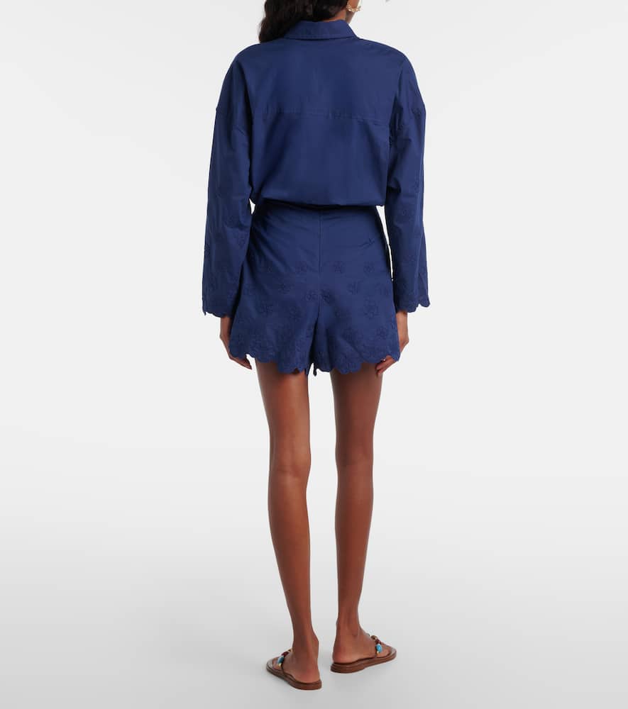 Juliet Dunn Embroidered Floral Cotton Poplin Shorts In Blue