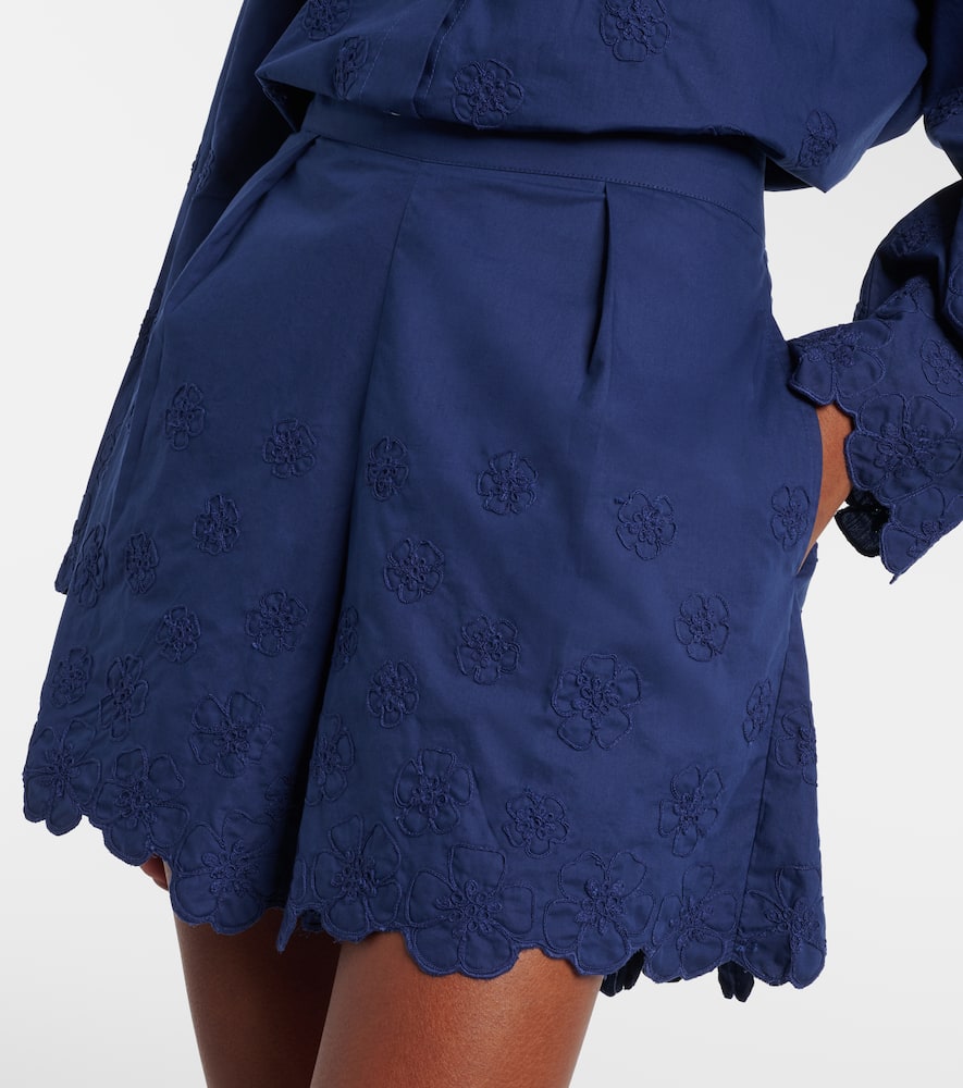 Juliet Dunn Embroidered Floral Cotton Poplin Shorts In Blue