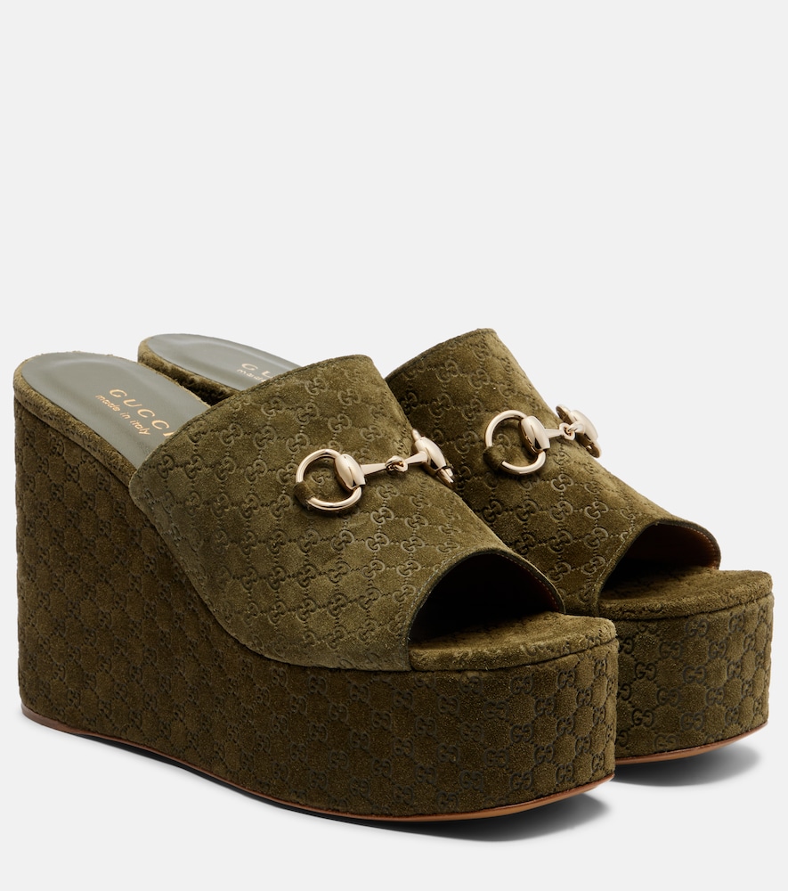 Gucci Women's Green Horsebit Gg Suede Wedge Mules Uk Size 3.5