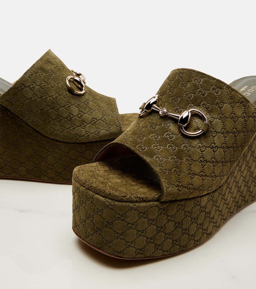  Gucci Gucci Horsebit Gg Suede Wedge Mules 