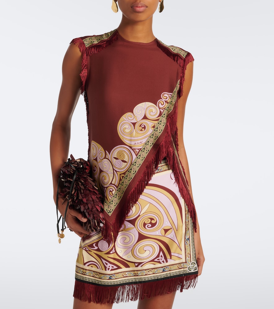 Fringed Printed Silk Twill Scarf Top