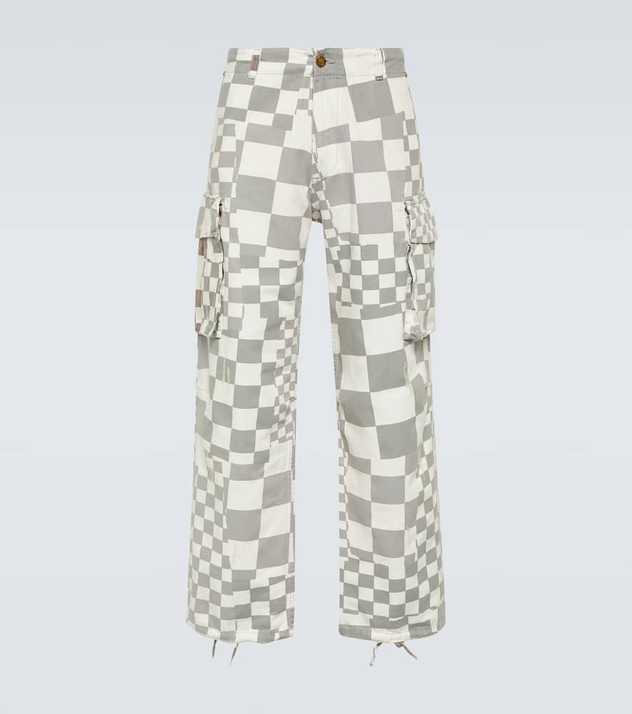 Erl Grey Cargo Jeans With Asymmetric Check Motif In Cotton Denim Man In Grey