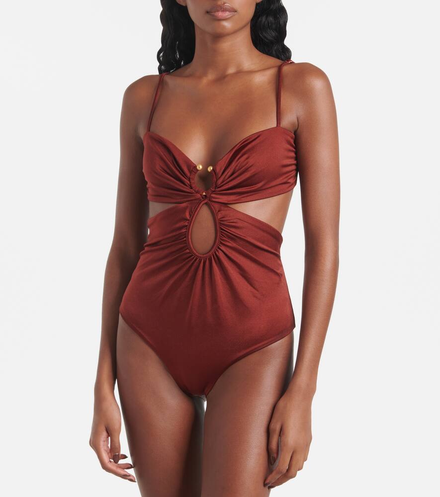 Johanna Ortiz Gathered Cutout Swimsuit In Burgundy