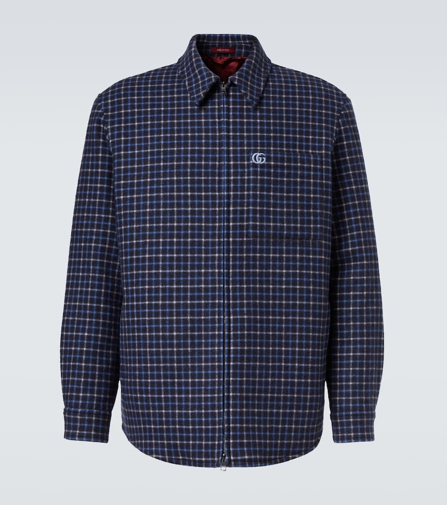 Gucci Double G Checked Wool-blend Overshirt In Blue